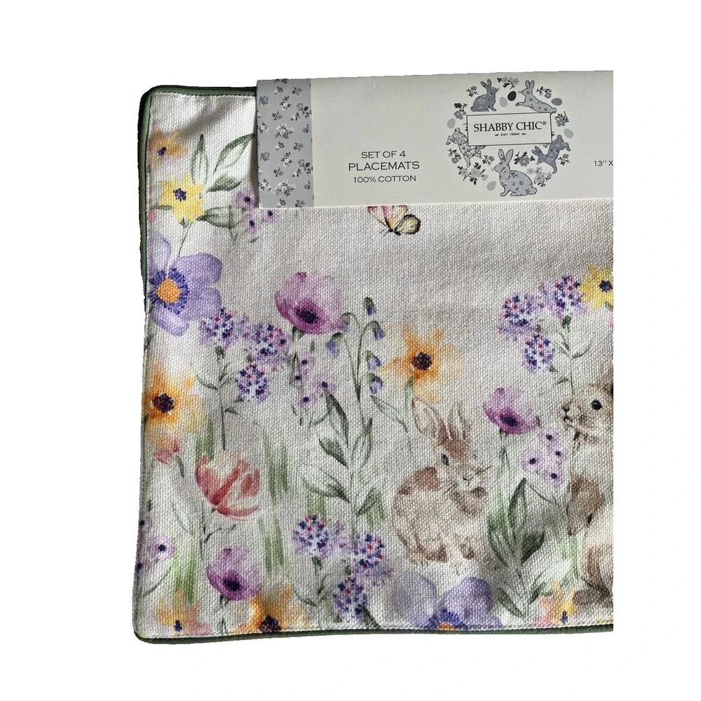 Shabby Chic Easter Bunny Placemats Set of 4 Spring Flowers Machine Wash 13x19